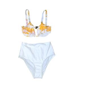 Ephemera NWT US 2 Bikini Set Ruffle Mai Tai top w/ High Waist White Bottoms,